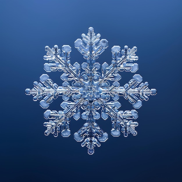 Photo delicate snowflake stands out against deep blue backdrop with a one of a kind geometric design in a close up photo