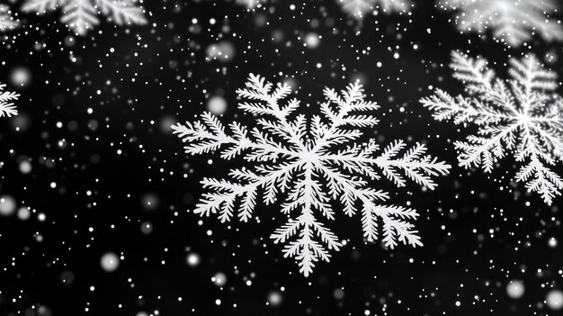 Delicate snowflakes fall softly creating a magical scene against the dark