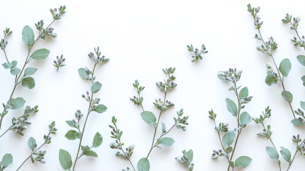 Photo delicate sprigs of greenery with fuzzy buds arranged symmetrically on a white background