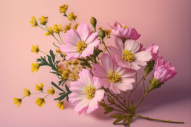 Delicate spring bouquet of bright pink flowers with yellow petals and buds on pastel pink background