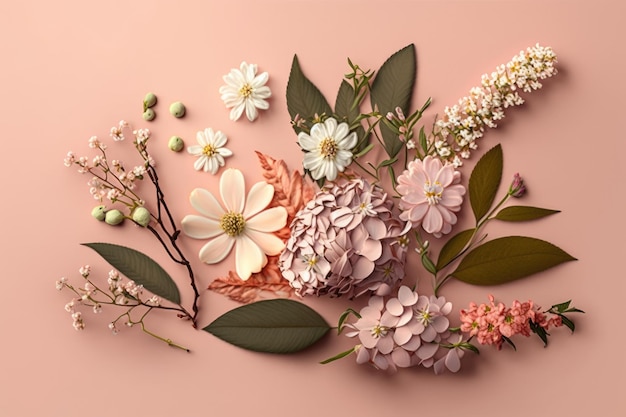 Delicate spring flowers on pastel pink background created with generative ai