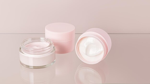 Delicate texture of white and pink cosmetic cream for face and body skin care in two jars on a glass background with reflection layout