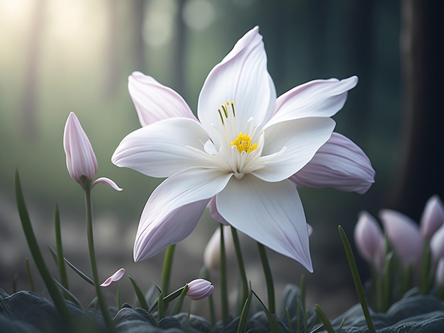 delicate thin white pink daffodil flower blooming in spring clearing created with Ai generation