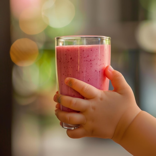 Delicate Touch Hand Holding Glass of Pink Smoothie