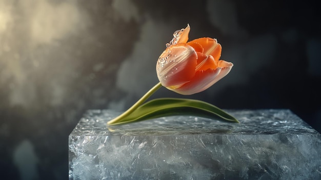 A Delicate Tulip Showcased on a Crystal Podium Perfect for NatureThemed Designs and Seasonal Decor