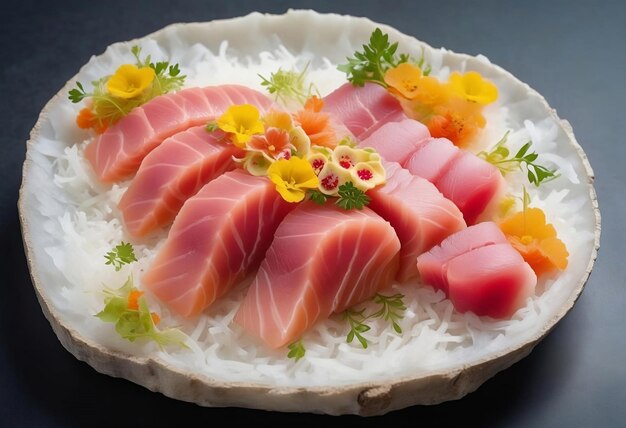 Delicate and Vibrant Slices of Tuna Salmon and Yellowtail Sashimi