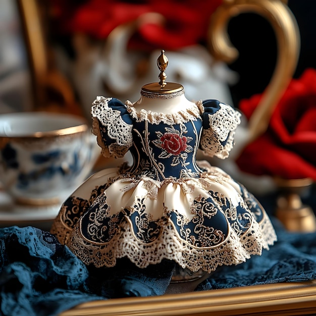 Photo delicate vintage porcelain dolls and lace trimmed dresses nostalgic still life display