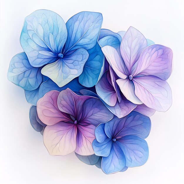 Delicate Watercolor Hydrangea Art with Soft Pastel Blues and Purples on White Background