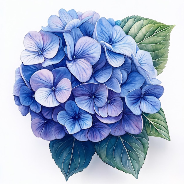 Delicate Watercolor Hydrangea Bloom in Vibrant Shades of Blue and Lavender on White Backgr