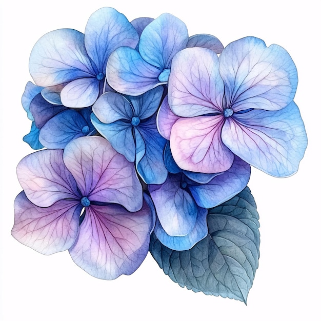 Delicate Watercolor Hydrangea Botanical Illustration in Soft Pastel Colors on White Backgr