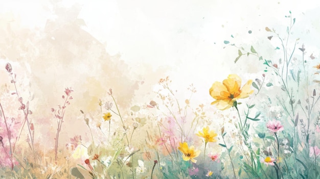 Photo delicate watercolor illustration of a field of wildflowers with soft hues