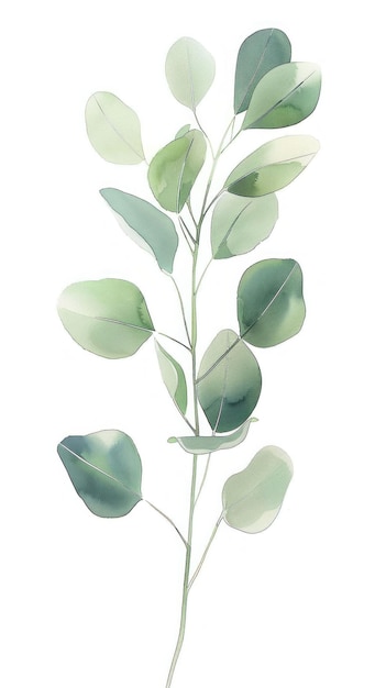 Delicate watercolor illustration of a green botanical branch against a white background