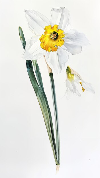 Photo a delicate watercolor illustration of a white daffodil with a yellow center and green leaves set against a white background