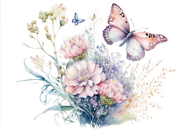 Delicate watercolor picture with flowers and butterfly on white background