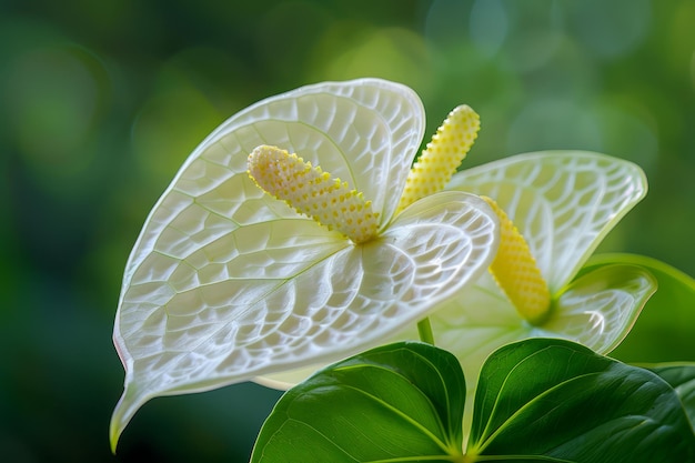 Delicate White Anthurium Flower with Green Leaves in Ethereal Garden Light