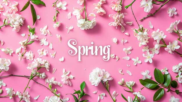 Delicate white blossoms frame the word Spring on a vibrant pink background