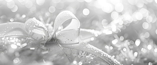 Delicate White Bow with Dew Drops and Bokeh Background