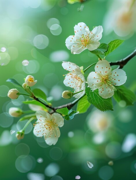 Photo delicate white cherry blossoms against a vibrant green blur