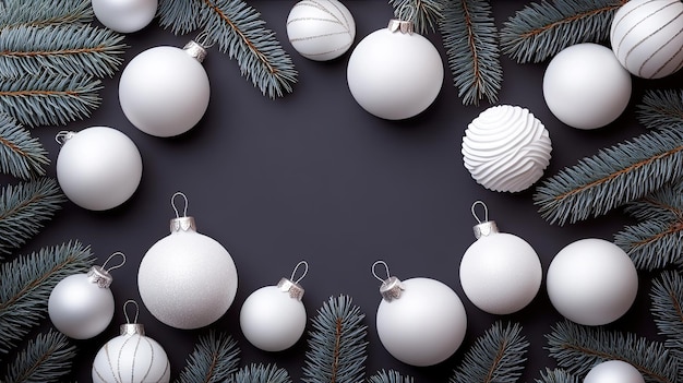 Delicate white Christmas ornaments are arranged with fresh spruce branches against a dark gray background creating a serene and festive atmosphere ideal for the holidays