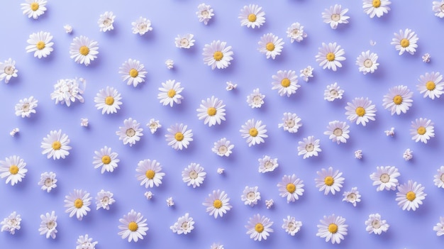 Photo delicate white daisies scattered on a lavender background