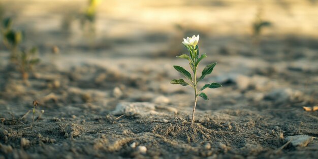 A delicate white flower emerging from dry soil symbolizing resilience and hope in nature39s cycle of growth