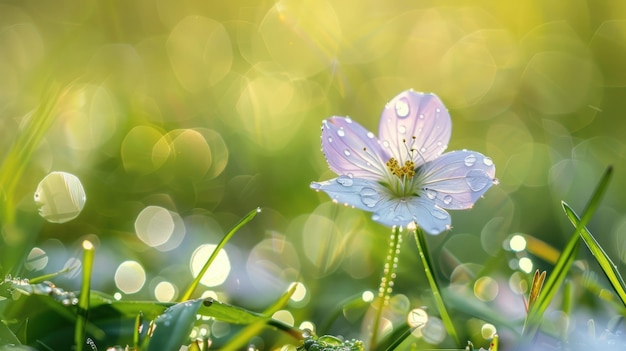 Delicate White Flower with Dew Drops in a Field of Green Grass