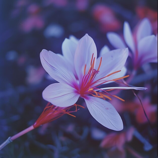 Delicate White Flower with Orange Stamens in Purple Hues