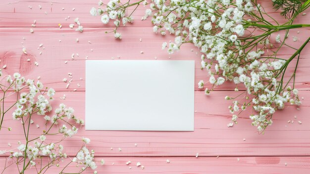 Photo delicate white flowers on a pink wooden background with a blank white card in the center