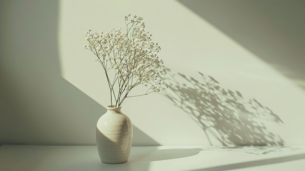 Delicate white flowers in a simple vase bathed in warm sunlit shadows