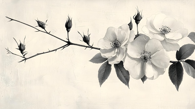 Photo delicate wild roses and thorns botanical drawing on soothing gray background