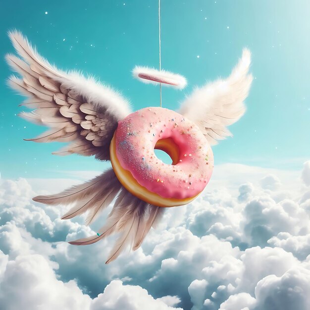 Photo delicate winged donut flying gracefully through a sunlit cloudy sky