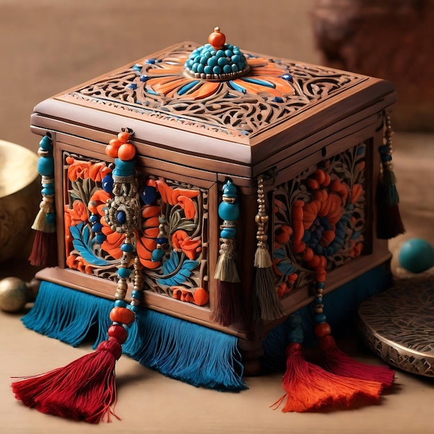 A delicate wooden box with intricate carvings and a vibrant beaded tassel Ai Generated