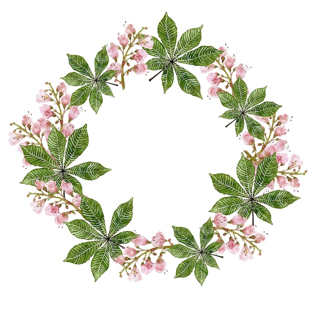 Delicate wreath of leaves and flowers of chestnut Flower composition Watercolor illustration