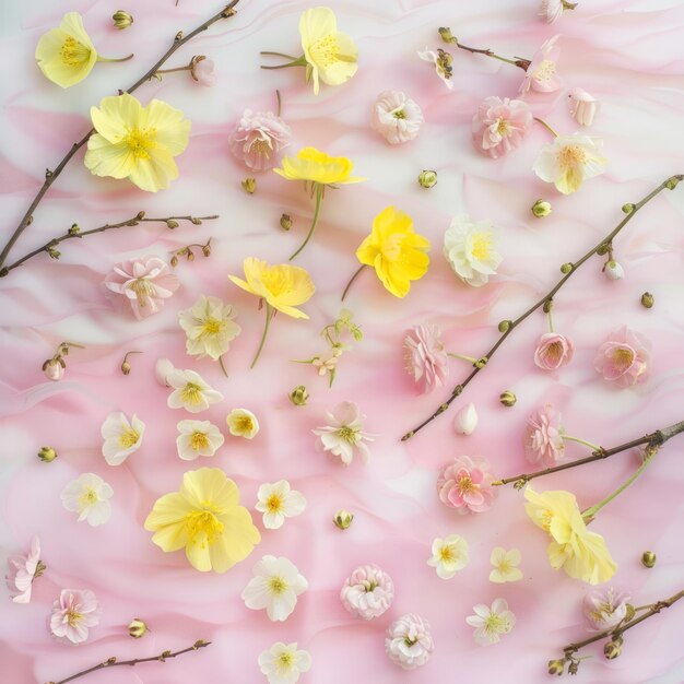 Photo delicate yellow and pink flowers on a pink background