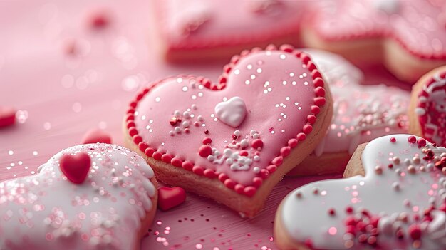 Photo delicately decorated sweets heartshaped cookies adorned with pink and red icing and sprinkled with edible glitter evoking a sense of romance and indulgence