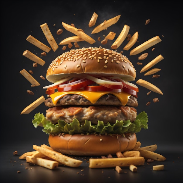 Delicious 3D Hamburger surrounded with French fries dark background