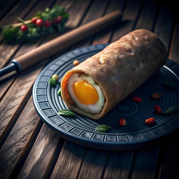 A delicious 3D illustration of a chow mein egg roll perfectly cooked and nestled on a blue plate