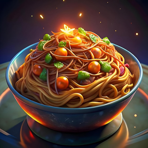 A delicious 3D illustration of a steaming bowl of chow mein perfect for menus food blogs or restaurant websites