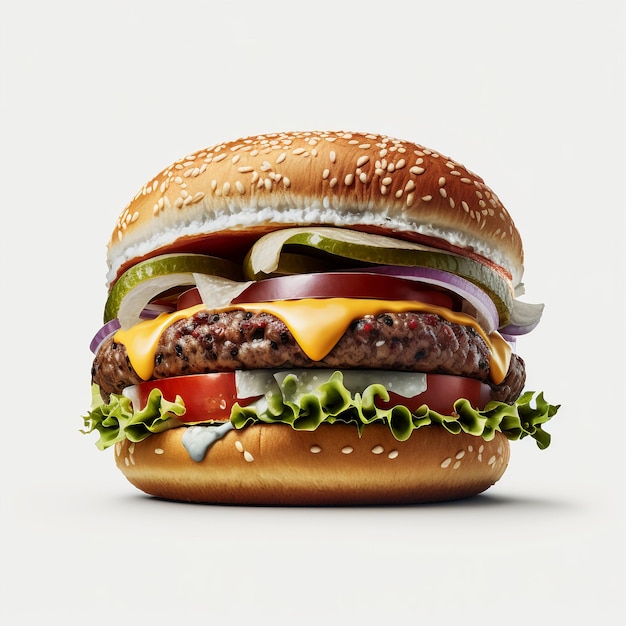 delicious 3d rendered burger in a white background with bunmeatcheese and salad