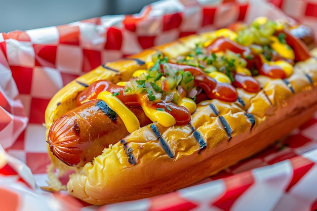 Photo delicious american hot dog with mustard ketchup and relish ideal for gourmet food designs