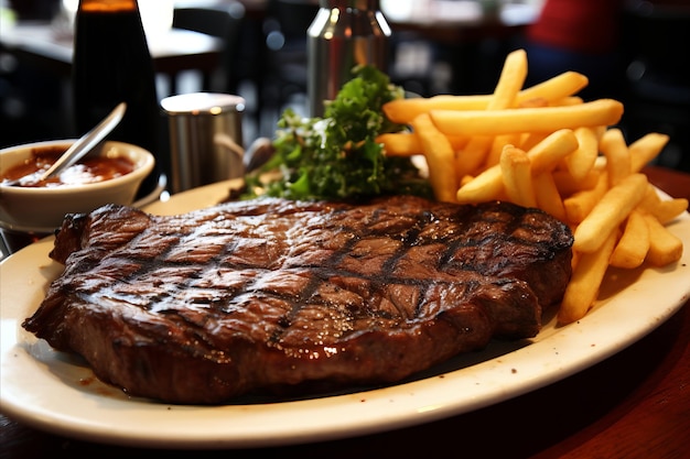 Delicious americanstyle steak with golden crispy chips and rich gravy served at a cozy bar