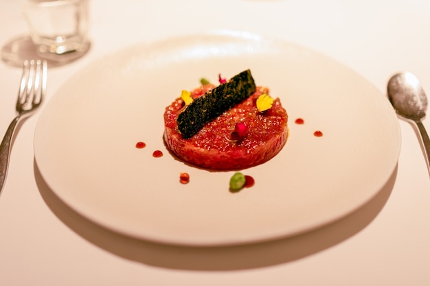 Delicious appetizer, Raw Tuna tartare. (Selective focus)