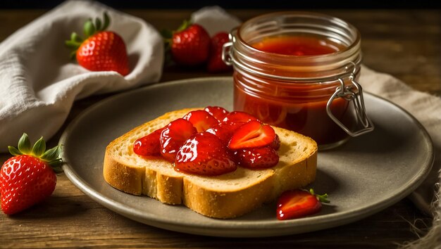 Delicious appetizing bread with strawberry jam on the table