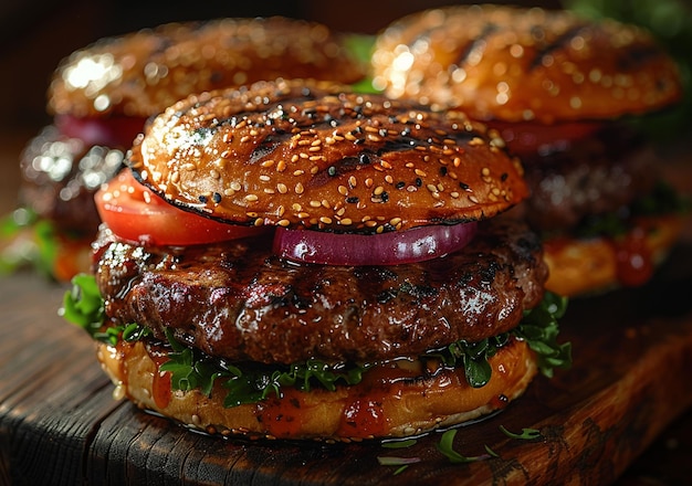 Delicious and appetizing burgers on wood used for cutting beef on a wooden table