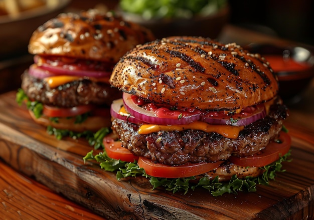 Delicious and appetizing burgers on wood used for cutting beef on a wooden table