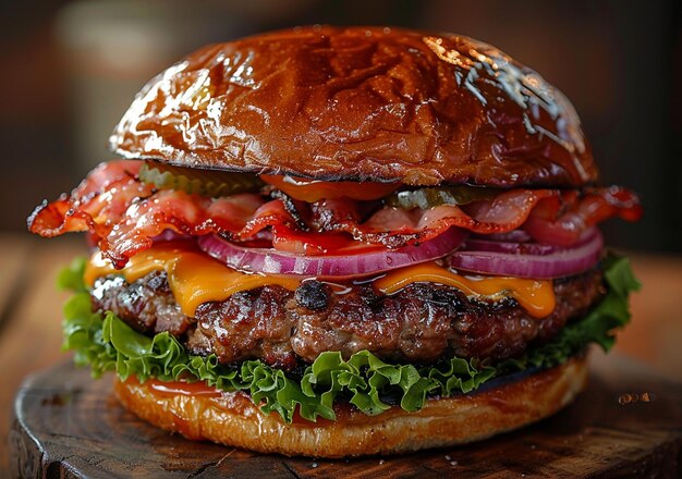 Delicious and appetizing burgers on wood used for cutting beef on a wooden table