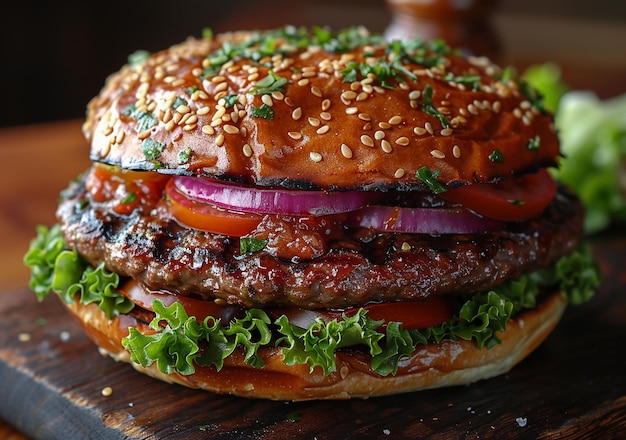 Delicious and appetizing burgers on wood used for cutting beef on a wooden table