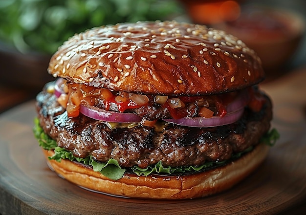 Delicious and appetizing burgers on wood used for cutting beef on a wooden table