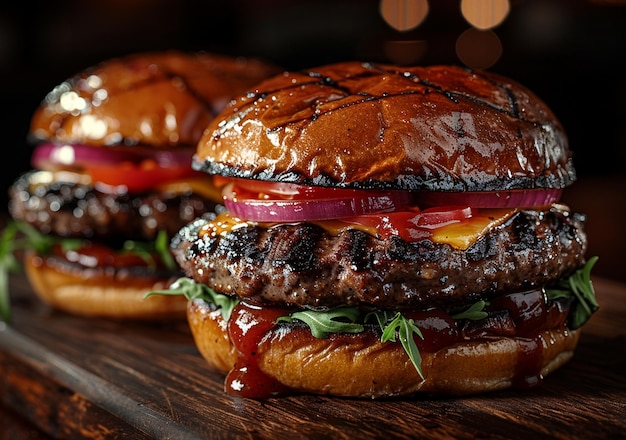 Delicious and appetizing burgers on wood used for cutting beef on a wooden table