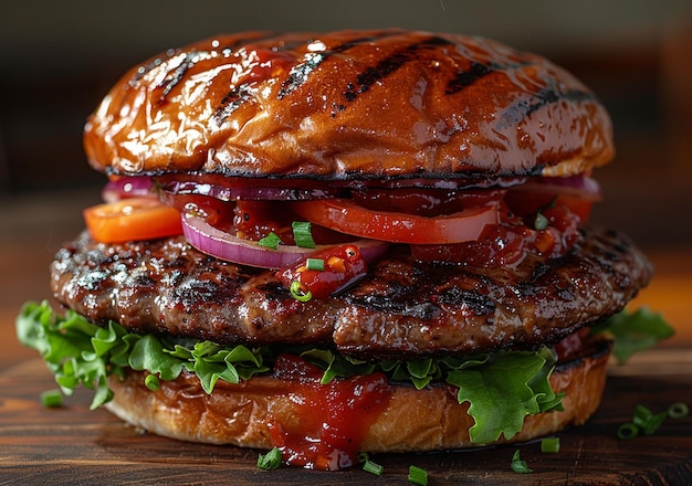 Delicious and appetizing burgers on wood used for cutting beef on a wooden table